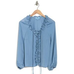 Cece Blouse Blue Ruffle Sz M Top Tie Front Long Sleeves